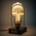 Luminous brain in glass flask, futuristic illustration of AI. Generative AI