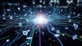 A luminous central microchip radiates digital pathways, representing data flow Royalty Free Stock Photo