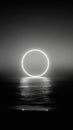 Luminous circle on tranquil ocean horizon at dusk in black and white Royalty Free Stock Photo