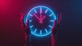 Luminous clock, held between two hands, represents the annual change between summer and winter time. Royalty Free Stock Photo