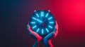 Luminous clock, held between two hands, represents the annual change between summer and winter time. Royalty Free Stock Photo