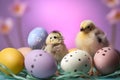Luminous Colored Easter Eggs and Baby Chickens with Blurred Background. Royalty Free Stock Photo