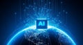 Luminous connections stream from a CPU with \'AI\' over planet Earth in blue Royalty Free Stock Photo