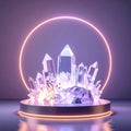 Luminous Crystals Cluster Against Neon Ring on Platform in Soft Lighting Royalty Free Stock Photo