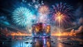 A luminous cube reflects vibrant fireworks over a tranquil waterscape at night. Generative AI