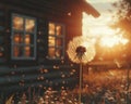 A luminous dandelion clock, bathed in the golden hues of a setting sun, stands gracefully in a serene meadow Delicate seeds,