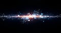 Digital network of interconnected nodes and glowing lines with bright light flares on a dark black background Royalty Free Stock Photo