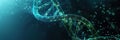 A luminous double helix structure of DNA floats in an abstract backdrop filled with glowing particles, creating a