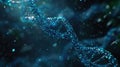 A luminous double helix structure of DNA shimmers against an abstract dark background, creating a sense of depth and