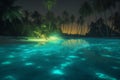 paradise vacation blue tree night tropical ocean palm sky beach luminous. Generative AI.