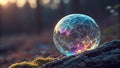 A luminous, faceted sphere rests on mossy wood, glowing with inner light Royalty Free Stock Photo