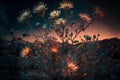 Luminous flowers in fantasy forest at night, glowing plants in fairytale wood, generative AI