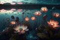 Luminous flowers in fantasy forest at night, glowing plants in fairytale wood, generative AI