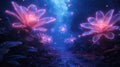 Luminous flowers in fantasy neon forest at night, glowing plants in fairy tale woods. Scenery of beautiful fairytale bloom, path Royalty Free Stock Photo