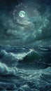 Luminous full moon over tumultuous ocean waves Royalty Free Stock Photo