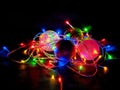 Luminous garland and Christmas toys, Christmas tree, gifts for their children. Royalty Free Stock Photo