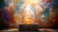 Luminous gemstone egg rests on rustic base against colorful backdrop Royalty Free Stock Photo