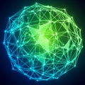 A luminous geometric sphere composed of interconnecting triangular lines and nodes, creating a Royalty Free Stock Photo
