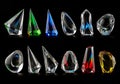 Luminous Geometry: A Vibrant Collection of Faceted and Curved Crystal Art on Black Royalty Free Stock Photo
