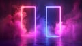 Luminous gradient rectangle frame with smoke clouds. Game portal door set with colorful steam and bright light border