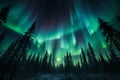 Luminous green aurora weaves through the northern light forest and sky