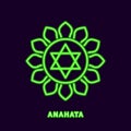 Luminous green chakra anahata. Neon symbol of clairvoyant and immortal lord of speech with 12 petals
