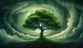 Luminous green Tree Amidst a Swirling Dark Cloud Vortex