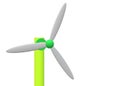 A luminous green wind driven power generating windmill with light grey fan blades white backdrop