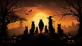 Luminous Halloween Backdrop with Eerie Silhouettes, Witches, Pumpkins, and Vivid Moonlight Royalty Free Stock Photo