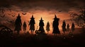 Luminous Halloween Backdrop with Eerie Silhouettes, Witches, Pumpkins, and Vivid Moonlight Royalty Free Stock Photo