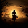 Luminous Halloween Backdrop with Eerie Silhouettes, Witches, Pumpkins, and Vivid Moonlight Royalty Free Stock Photo