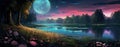 Luminous Harvest Moon over Glittering Lake with Magical Galaxy and Birchwood Trees, generative Ai