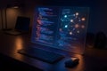 A luminous holographic computer display showcasing intricate code and data visualizations, floating above a keyboard and mouse Royalty Free Stock Photo