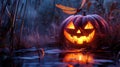 Luminous Jack-o\'-lantern with Dragonfly and Reflection in Swamp Royalty Free Stock Photo