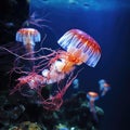 Luminous jellyfish swim deep in the blue sea jellyfish neon jellyfish fantasy water long strings Royalty Free Stock Photo