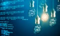 Luminous light bulb with drawing gears on creative glowing programming backdrop Royalty Free Stock Photo