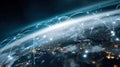 Luminous lines connecting points on a darkened globe symbolize global data exchange and internet connectivity Royalty Free Stock Photo