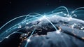 Luminous lines connecting points on a darkened globe symbolize global data exchange and internet connectivity Royalty Free Stock Photo