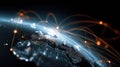 Luminous lines connecting points on a darkened globe symbolize global data exchange and internet connectivity Royalty Free Stock Photo