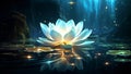 A luminous lotus flower blossoming on a tranquil water surface in a mystical glowing cave Royalty Free Stock Photo