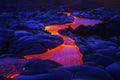 A luminous magma flow in a lava field created with generative AI technology