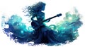 Luminous mermaid melody watercolor illustration - Generative AI. Mermaid, girl, playing, guitar.