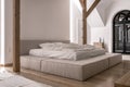 Stylish bedroom in modern style with wooden beams Royalty Free Stock Photo