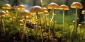 Luminous Mushrooms on Forest Floor at Dusk. Generative AI Royalty Free Stock Photo