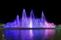 Luminous and musical fountain. Night view. Multicolored streams of water are blurred against a black sky