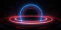 A luminous neon circle dominates the dark scene, its undulating lights. AI generative