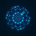 Luminous neon circular pattern on a dark blue background.