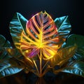 Luminous neon light meets tropical monstera leaf in vibrant 3D