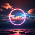 Luminous Night Sky: 3D Render of Abstract Cloud Illuminated with Neon Light Ring, Creating Glowing Geometric Shapes on a Dark