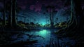 Luminous Night Swamp: Highly Detailed Illustration Inspired By Genndy Tartakovsky Royalty Free Stock Photo